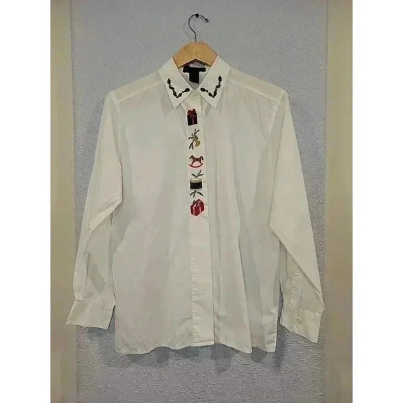 Vtg Croft And Barrow Size 8 Button Down Collared Embroidered Shirt Christmas... - Picture 1 of 5